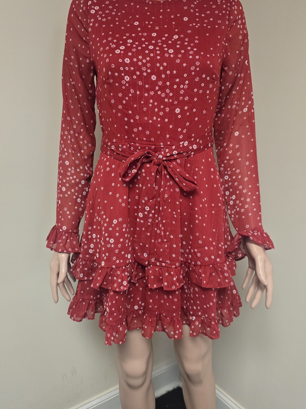 Francesca's Collections Red Floral Ruffle Tie-Waist Mini Dress